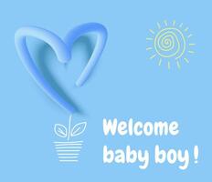 Bienvenido bebé chico - saludo tarjeta con 3d corazón en azul antecedentes. es un chico. vector ilustración