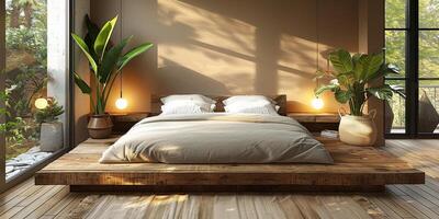 AI Generated Bright and cozy modern bedroom with wooden large bed. smoothing morning light with modern decoration. 3d render photo