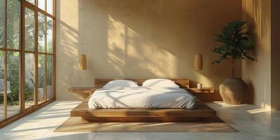 AI Generated Bright and cozy modern bedroom with wooden large bed. smoothing morning light with modern decoration. 3d render photo