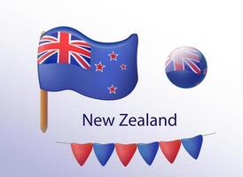 Set festive flags object. New Zealand . Bright vector 3d cartoon illustration in minimal realistic style.