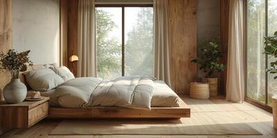 AI Generated Bright and cozy modern bedroom with wooden large bed. smoothing morning light with modern decoration. 3d render photo