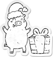 distressed sticker of a cartoon happy christmas pig png