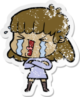 distressed sticker of a cartoon woman in tears png