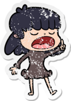 distressed sticker of a cartoon woman talking loudly png