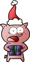 cartone animato sfumato di un maiale con regalo di Natale che indossa il cappello di Babbo Natale png