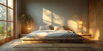 AI Generated Bright and cozy modern bedroom with wooden large bed. smoothing morning light with modern decoration. 3d render photo