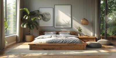 AI Generated Bright and cozy modern bedroom with wooden large bed. smoothing morning light with modern decoration. 3d render photo