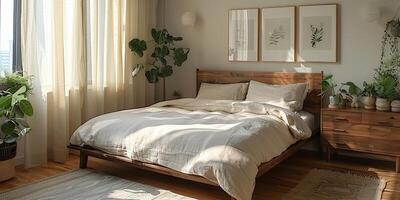 AI Generated Bright and cozy modern bedroom with wooden large bed. smoothing morning light with modern decoration. 3d render photo