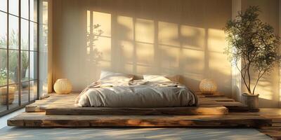 AI Generated Bright and cozy modern bedroom with wooden large bed. smoothing morning light with modern decoration. 3d render photo