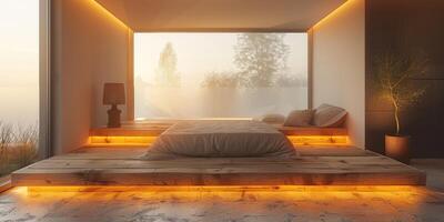 AI Generated Bright and cozy modern bedroom with wooden large bed. smoothing morning light with modern decoration. 3d render photo