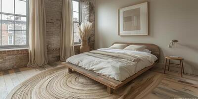 AI Generated Bright and cozy modern bedroom with wooden large bed. smoothing morning light with modern decoration. 3d render photo