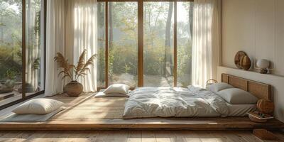 AI Generated Bright and cozy modern bedroom with wooden large bed. smoothing morning light with modern decoration. 3d render photo