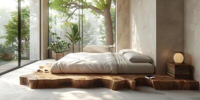 AI Generated Bright and cozy modern bedroom with wooden large bed. smoothing morning light with modern decoration. 3d render photo