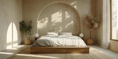 AI Generated Bright and cozy modern bedroom with wooden large bed. smoothing morning light with modern decoration. 3d render photo