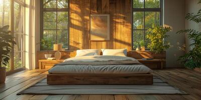 AI Generated Bright and cozy modern bedroom with wooden large bed. smoothing morning light with modern decoration. 3d render photo