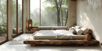 AI Generated Bright and cozy modern bedroom with wooden large bed. smoothing morning light with modern decoration. 3d render photo