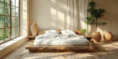 AI Generated Bright and cozy modern bedroom with wooden large bed. smoothing morning light with modern decoration. 3d render photo