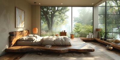 AI Generated Bright and cozy modern bedroom with wooden large bed. smoothing morning light with modern decoration. 3d render photo