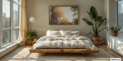 AI Generated Bright and cozy modern bedroom with wooden large bed. smoothing morning light with modern decoration. 3d render photo