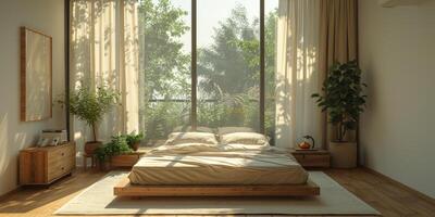 AI Generated Bright and cozy modern bedroom with wooden large bed. smoothing morning light with modern decoration. 3d render photo