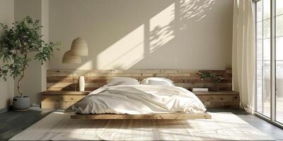 AI Generated Bright and cozy modern bedroom with wooden large bed. smoothing morning light with modern decoration. 3d render photo