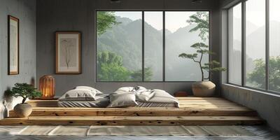 AI Generated Bright and cozy modern bedroom with wooden large bed. smoothing morning light with modern decoration. 3d render photo