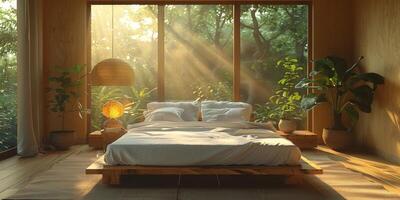 AI Generated Bright and cozy modern bedroom with wooden large bed. smoothing morning light with modern decoration. 3d render photo