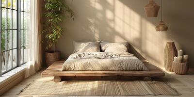 AI Generated Bright and cozy modern bedroom with wooden large bed. smoothing morning light with modern decoration. 3d render photo