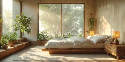 AI Generated Bright and cozy modern bedroom with wooden large bed. smoothing morning light with modern decoration. 3d render photo