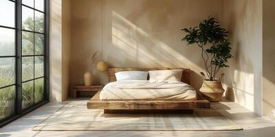 AI Generated Bright and cozy modern bedroom with wooden large bed. smoothing morning light with modern decoration. 3d render photo