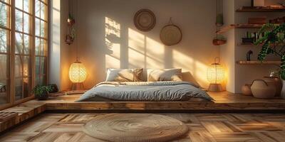 AI Generated Bright and cozy modern bedroom with wooden large bed. smoothing morning light with modern decoration. 3d render photo