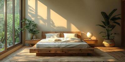 AI Generated Bright and cozy modern bedroom with wooden large bed. smoothing morning light with modern decoration. 3d render photo