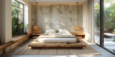 ai generado brillante y acogedor moderno dormitorio con de madera grande cama. suavizado Mañana ligero con moderno decoración. 3d hacer foto