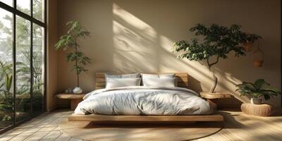 AI Generated Bright and cozy modern bedroom with wooden large bed. smoothing morning light with modern decoration. 3d render photo