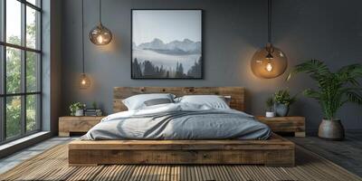 AI Generated Bright and cozy modern bedroom with wooden large bed. smoothing morning light with modern decoration. 3d render photo