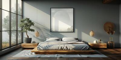 AI Generated Bright and cozy modern bedroom with wooden large bed. smoothing morning light with modern decoration. 3d render photo