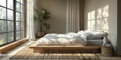 AI Generated Bright and cozy modern bedroom with wooden large bed. smoothing morning light with modern decoration. 3d render photo