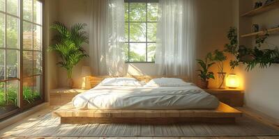 AI Generated Bright and cozy modern bedroom with wooden large bed. smoothing morning light with modern decoration. 3d render photo