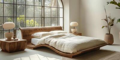 AI Generated Bright and cozy modern bedroom with wooden large bed. smoothing morning light with modern decoration. 3d render photo