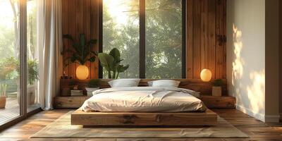 AI Generated Bright and cozy modern bedroom with wooden large bed. smoothing morning light with modern decoration. 3d render photo