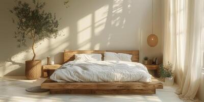 AI Generated Bright and cozy modern bedroom with wooden large bed. smoothing morning light with modern decoration. 3d render photo