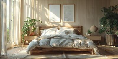 AI Generated Bright and cozy modern bedroom with wooden large bed. smoothing morning light with modern decoration. 3d render photo