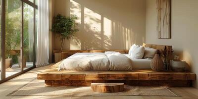 AI Generated Bright and cozy modern bedroom with wooden large bed. smoothing morning light with modern decoration. 3d render photo