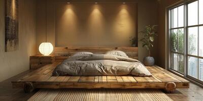 AI Generated Bright and cozy modern bedroom with wooden large bed. smoothing morning light with modern decoration. 3d render photo