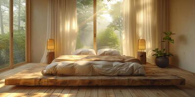 AI Generated Bright and cozy modern bedroom with wooden large bed. smoothing morning light with modern decoration. 3d render photo