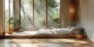 AI Generated Bright and cozy modern bedroom with wooden large bed. smoothing morning light with modern decoration. 3d render photo