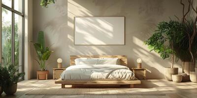 AI Generated Bright and cozy modern bedroom with wooden large bed. smoothing morning light with modern decoration. 3d render photo