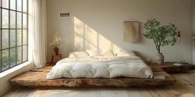 AI Generated Bright and cozy modern bedroom with wooden large bed. smoothing morning light with modern decoration. 3d render photo