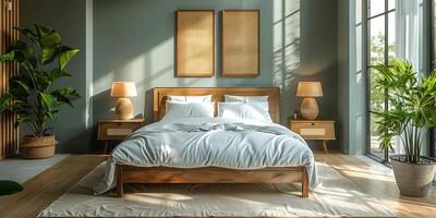 AI Generated Bright and cozy modern bedroom with wooden large bed. smoothing morning light with modern decoration. 3d render photo