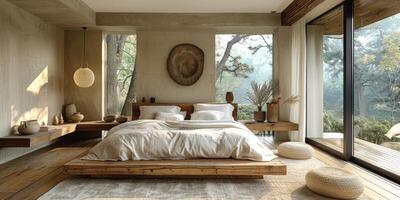 AI Generated Bright and cozy modern bedroom with wooden large bed. smoothing morning light with modern decoration. 3d render photo